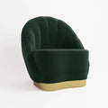 Fauteuil en velours vert sapin, base cerclage dor  effet laiton