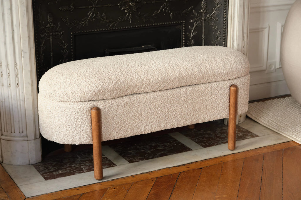 Marianne   Banc coffre de rangement en tissu boucl  cr me