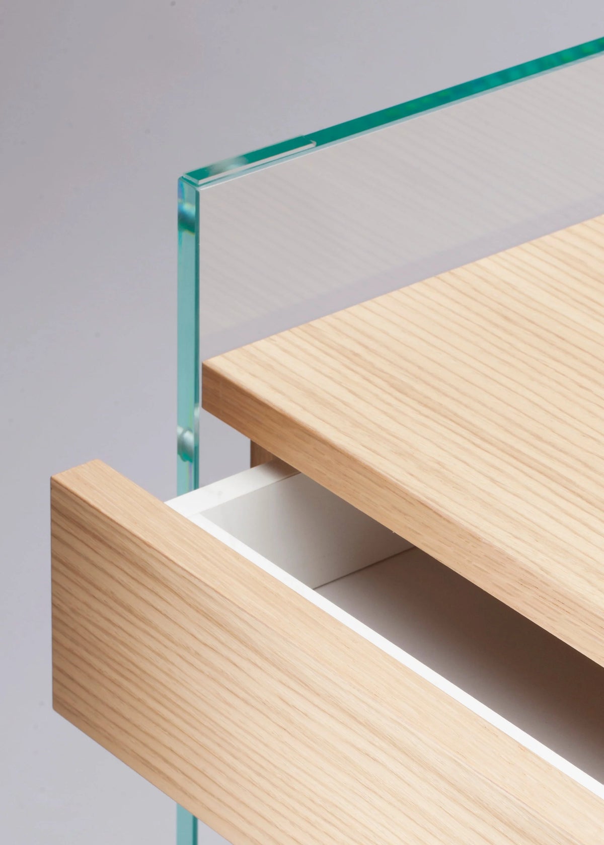 Bureau Console Zen 13 | Verre Trempé, Tiroir Bois et Poignée Cuir