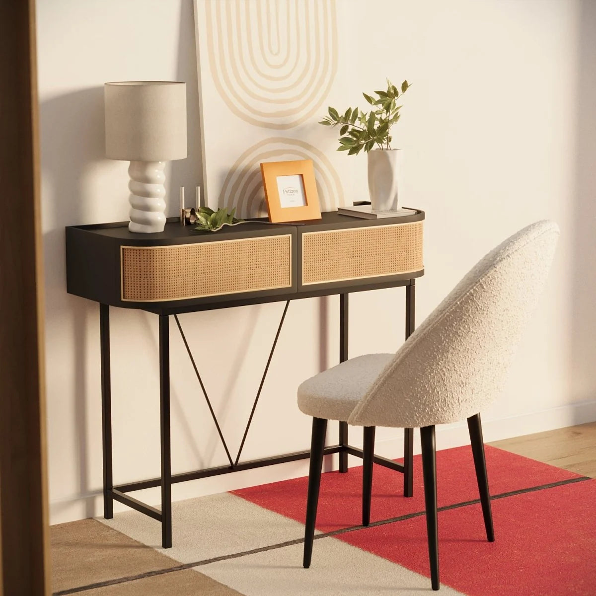 Table console noire avec tiroirs rotin tress , Daphn