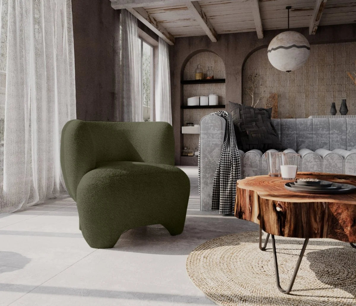 NOA  - Fauteuil en laine boucl e vert kaki