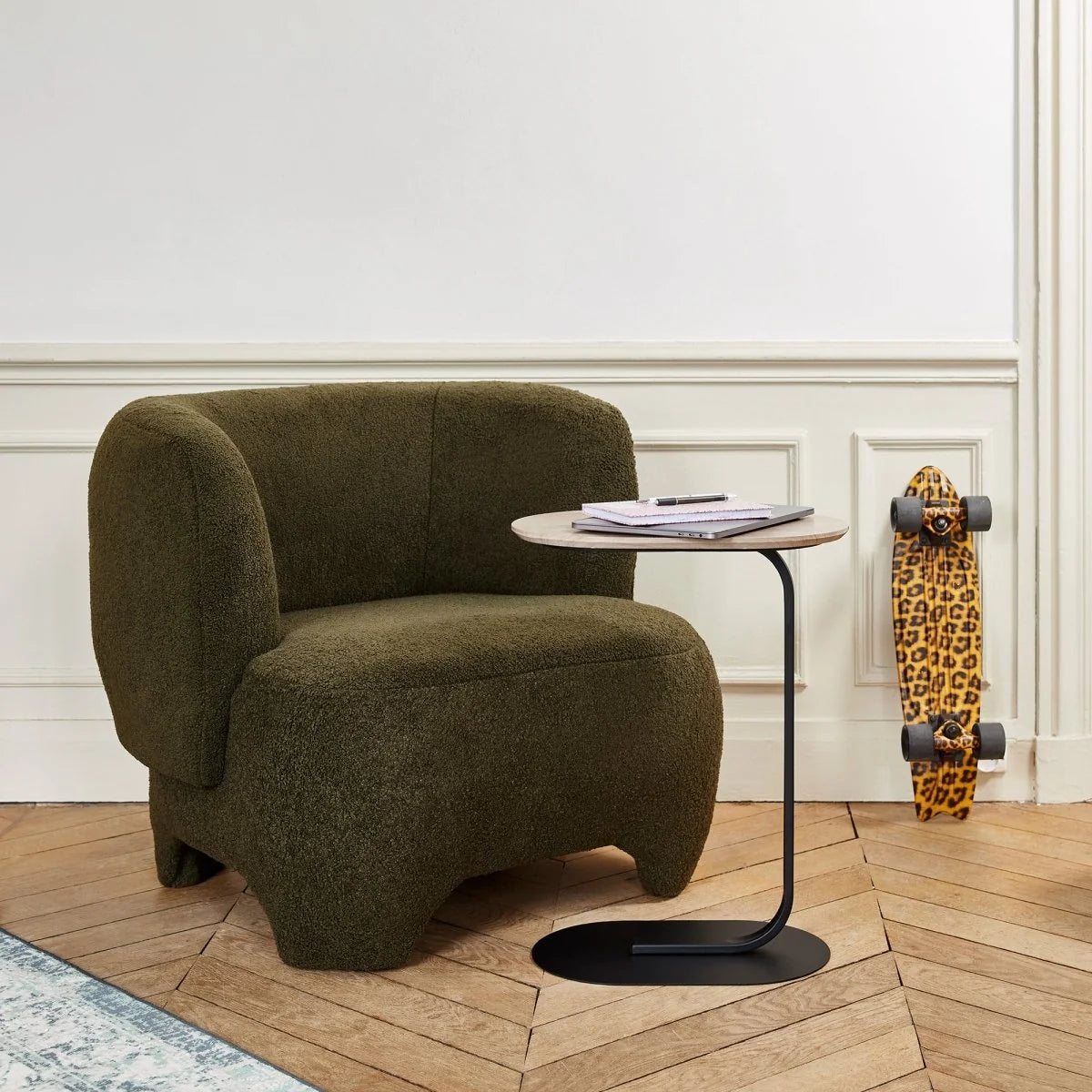 NOA  - Fauteuil en laine boucl e vert kaki