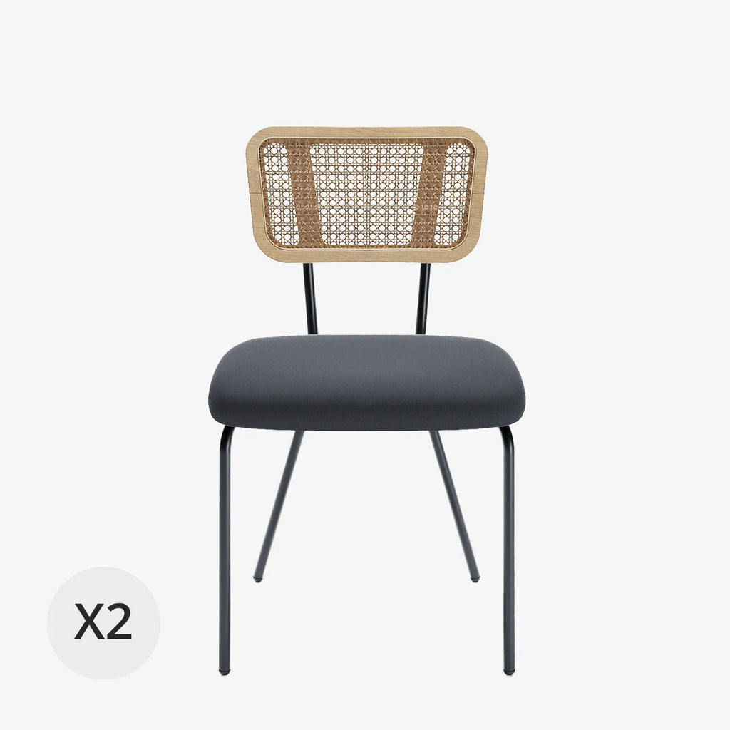 Lot de 2 chaises dossier rotin coussin velours noir Sofia