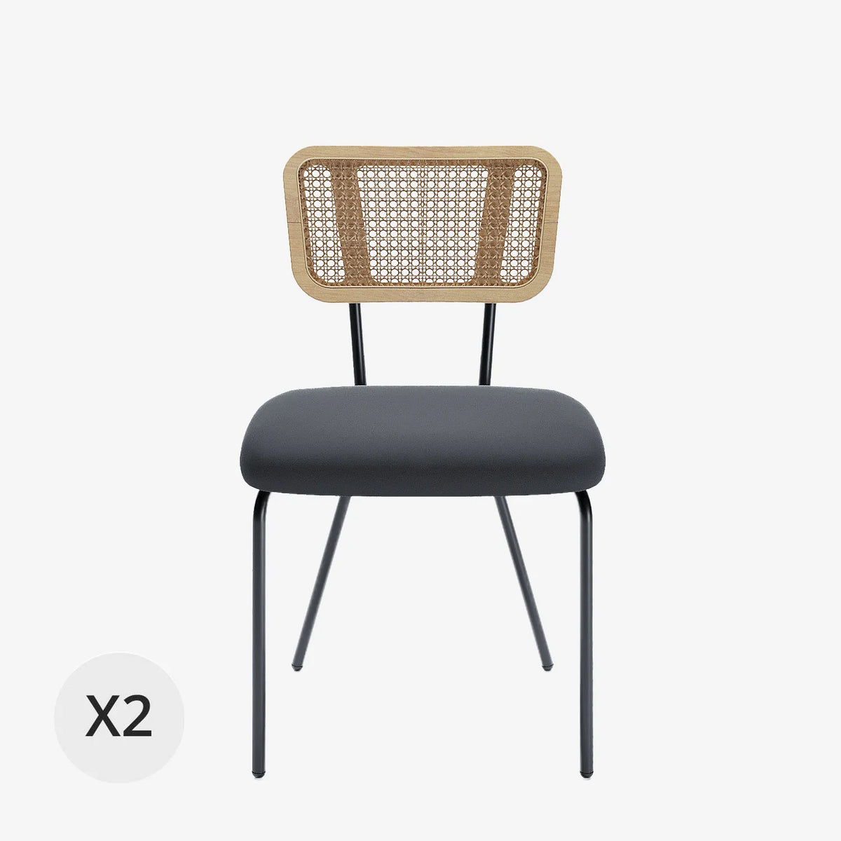 Lot de 2 chaises dossier rotin coussin velours noir Sofia