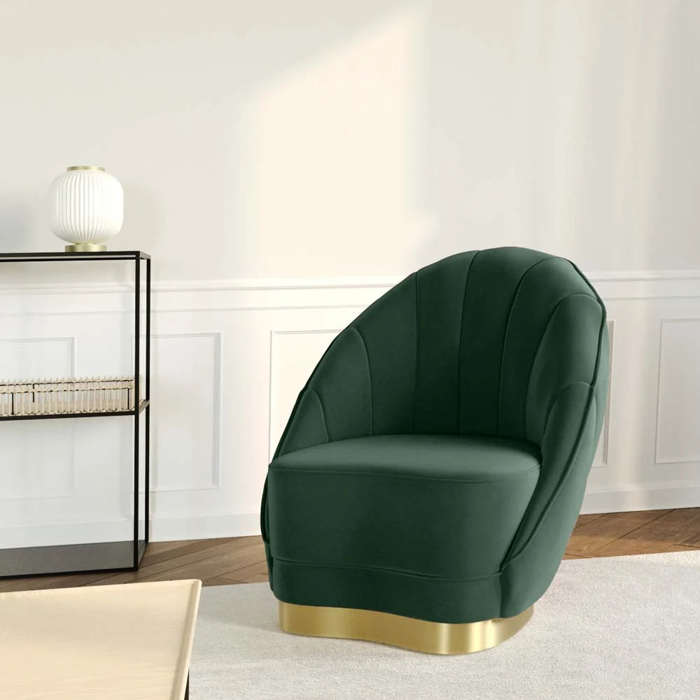 Fauteuil en velours vert sapin, base cerclage dor  effet laiton