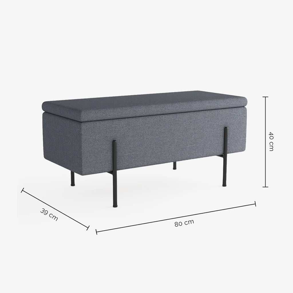 Banquette-coffre gris fonc  en bois, m tal et tissu