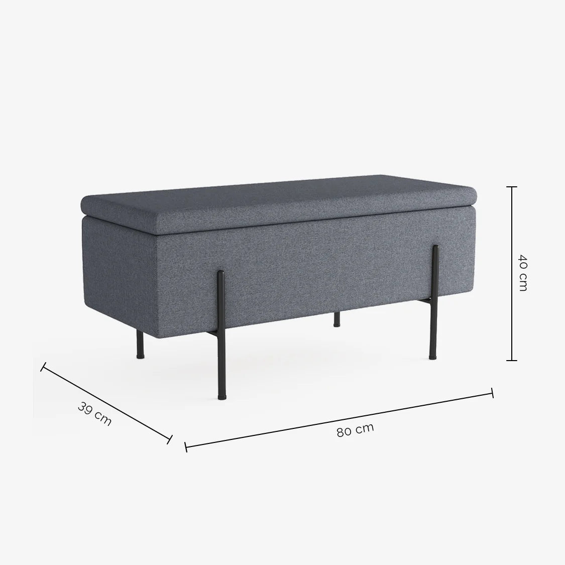 Banquette-coffre gris fonc  en bois, m tal et tissu