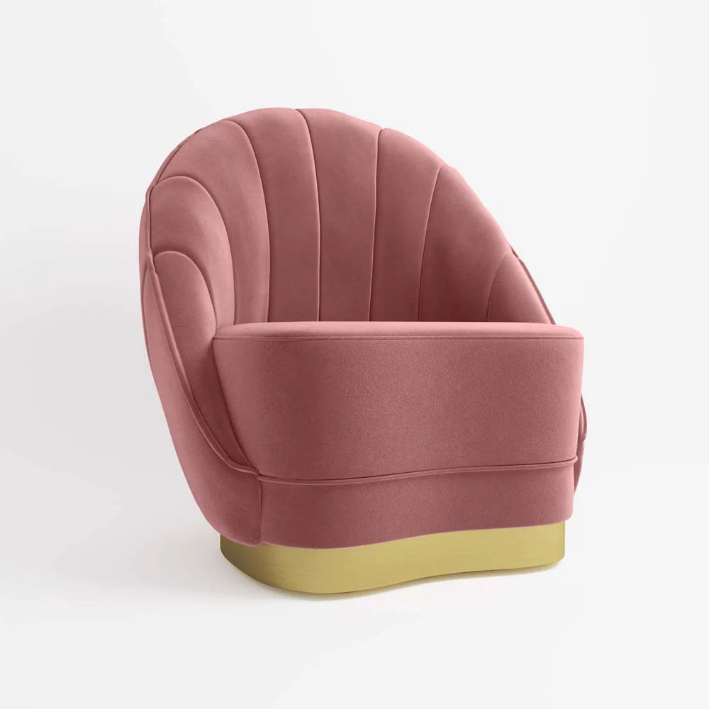 Fauteuil en velours rose vintage, base cerclage dor  effet laiton