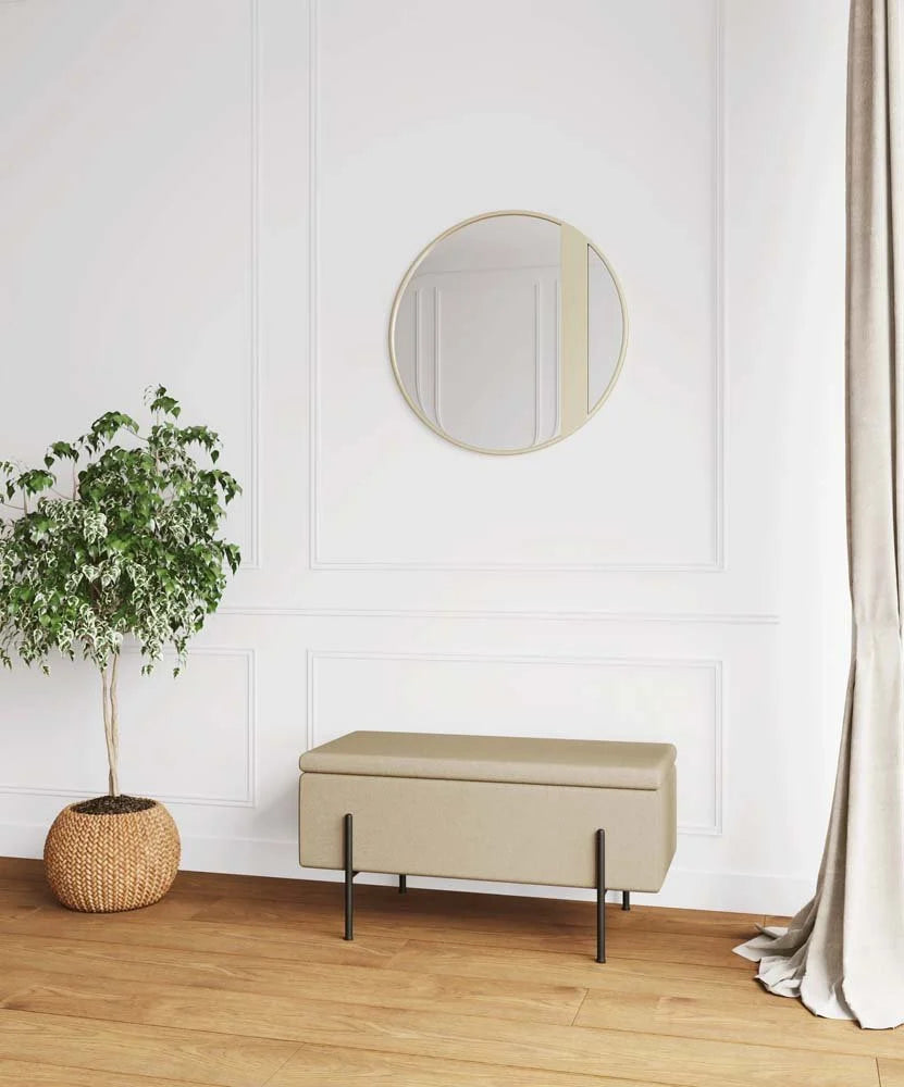 Banquette-coffre beige en bois, m tal et tissu