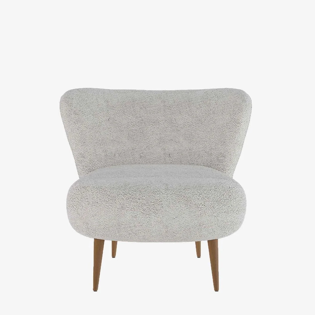 Fauteuil en tissu bouclette gris-cr me et bois