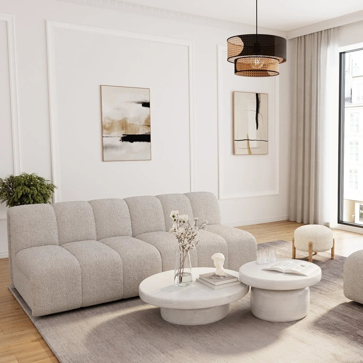 Canapé modulable en tissu bouclette gris-crème