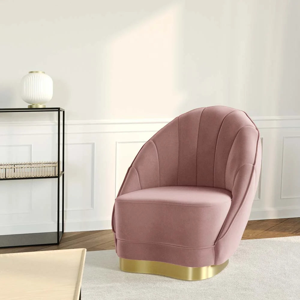 Fauteuil en velours rose vintage, base cerclage dor  effet laiton
