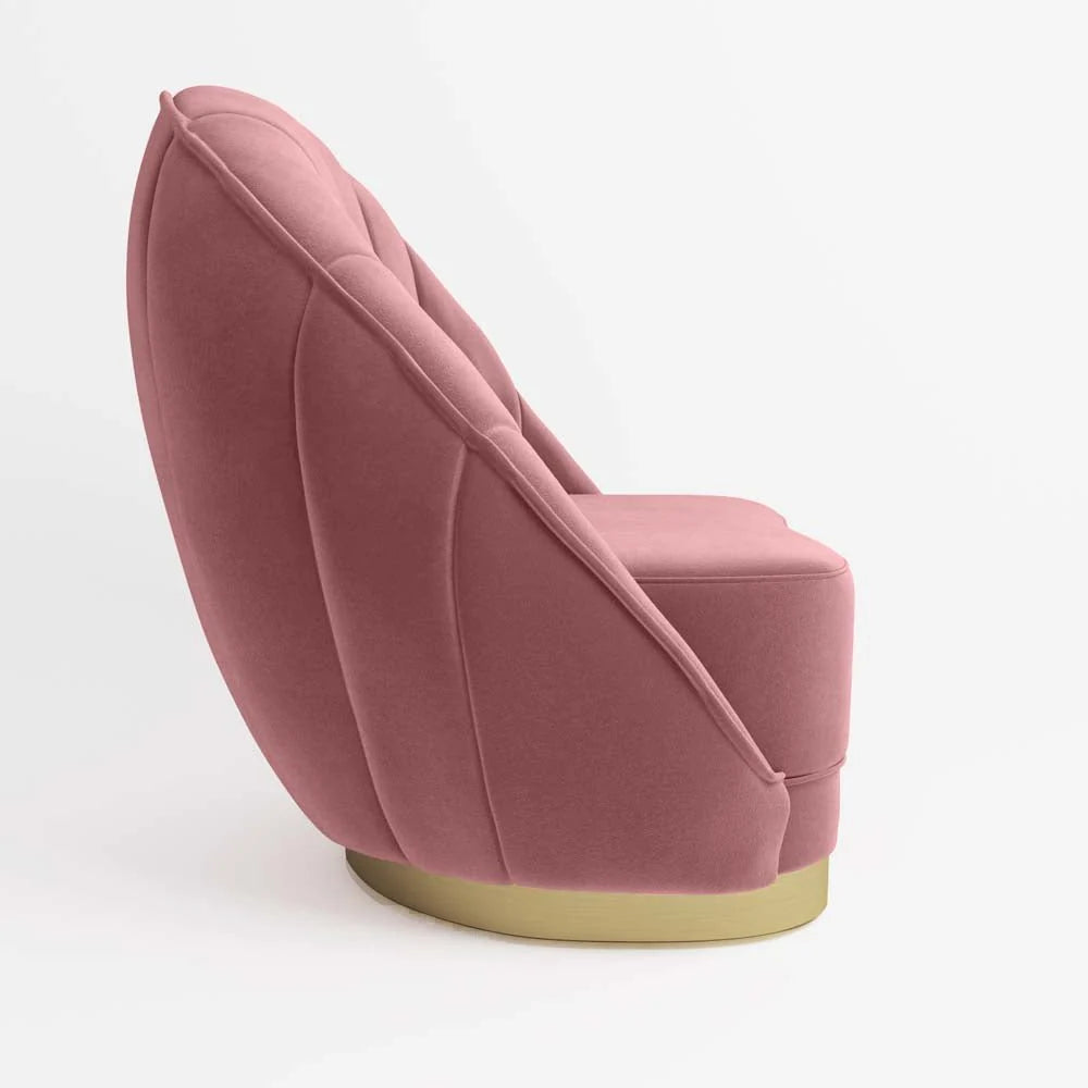 Fauteuil en velours rose vintage, base cerclage dor  effet laiton