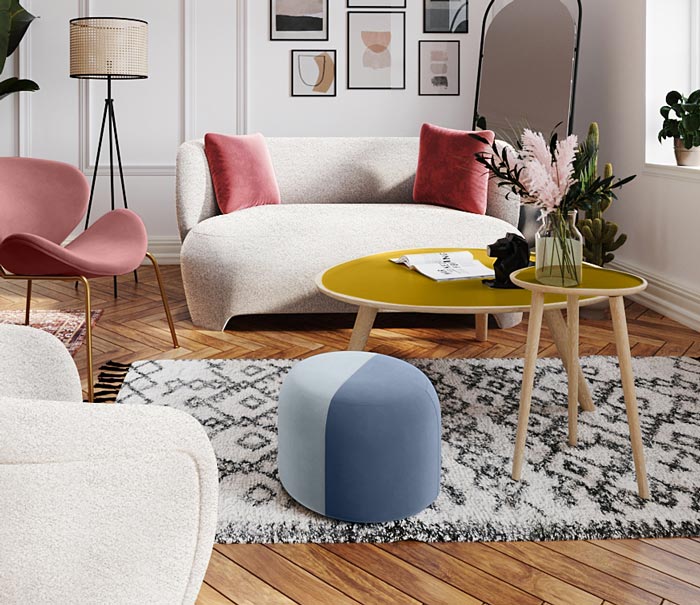 Pouf rond en velours bicolore bleu