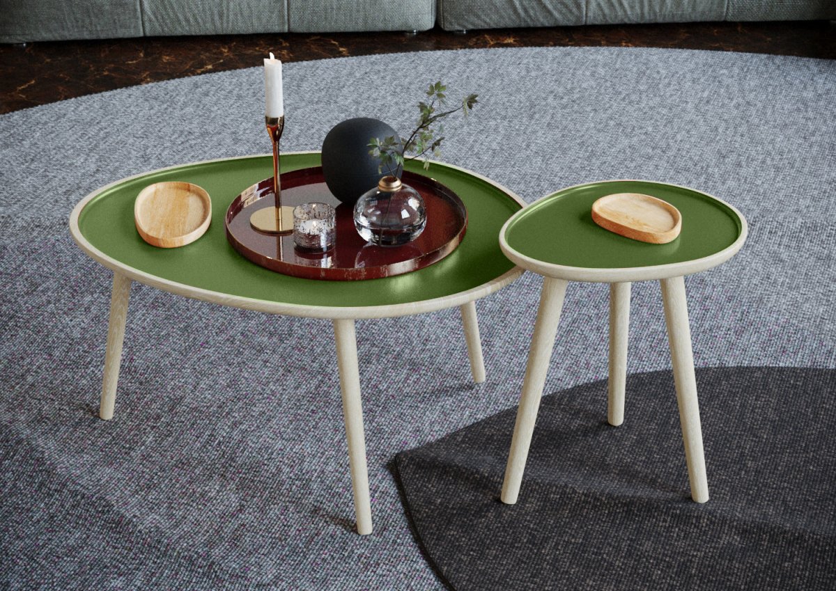Table basse en bois et peinture céramique vert kaki