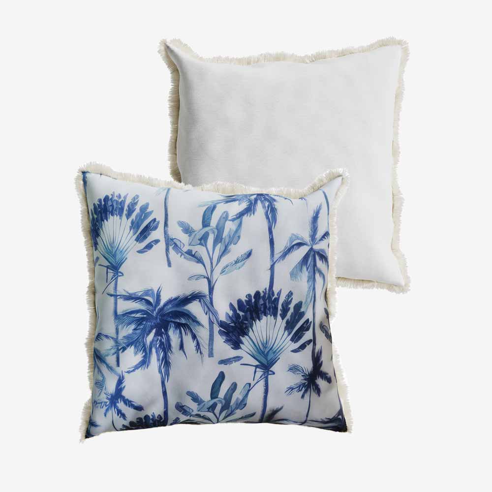 Coussin carr  feuillage tropical bleu Dakar