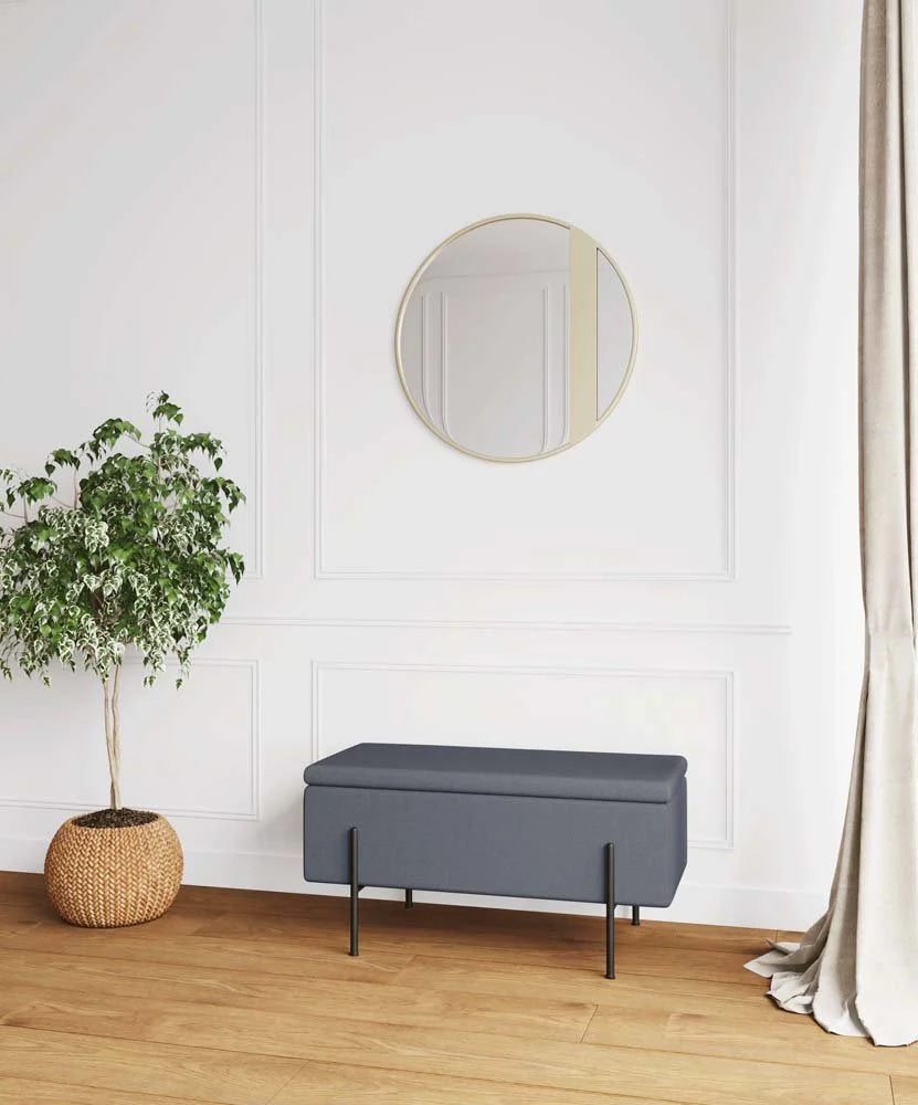 Banquette-coffre gris fonc  en bois, m tal et tissu