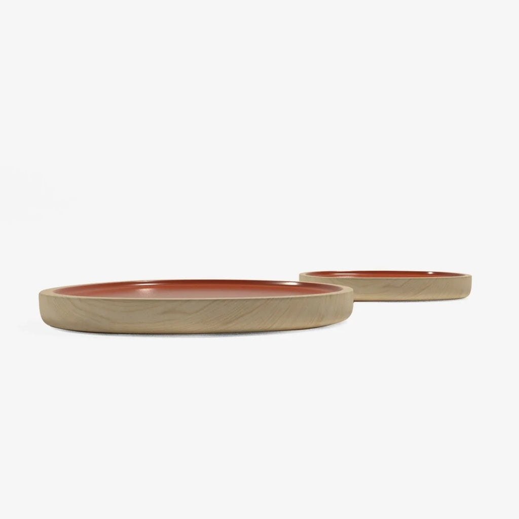 Set de 2 plateaux en bois et peinture céramique ocre