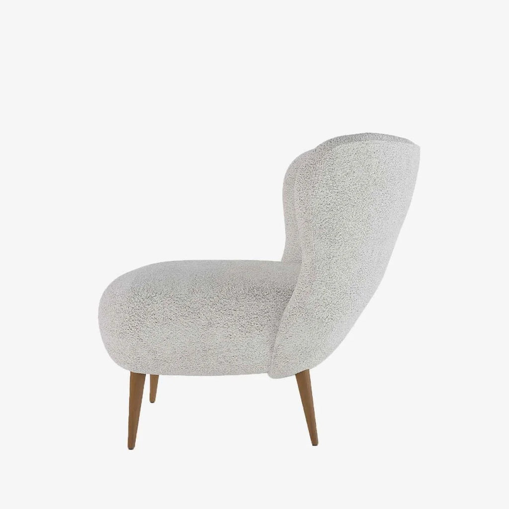 Fauteuil en tissu bouclette gris-cr me et bois