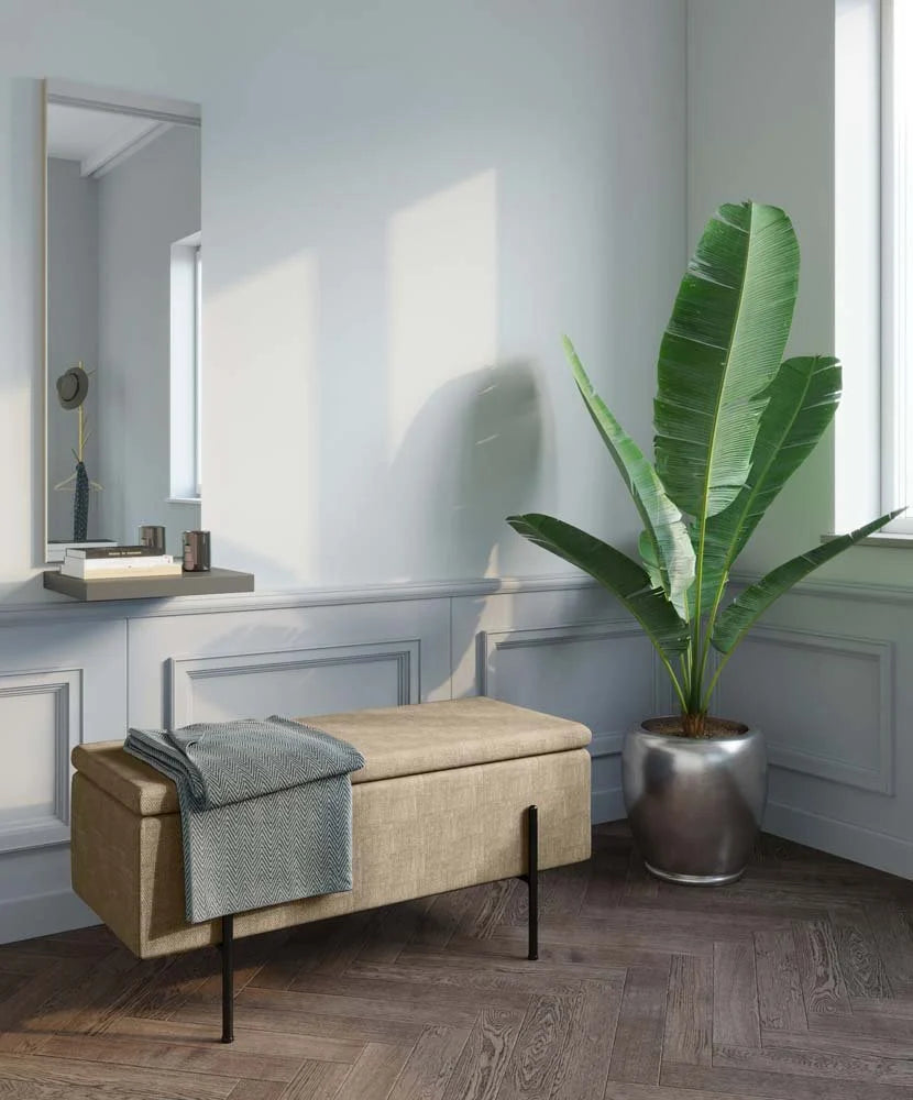 Banquette-coffre beige en bois, m tal et tissu