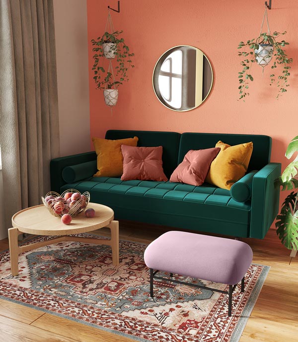 Banquette en tissu rose et métal noir