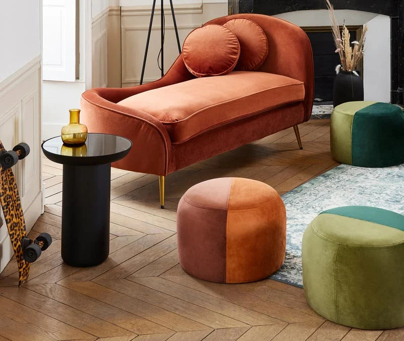 Pouf rond en velours bicolore ocre