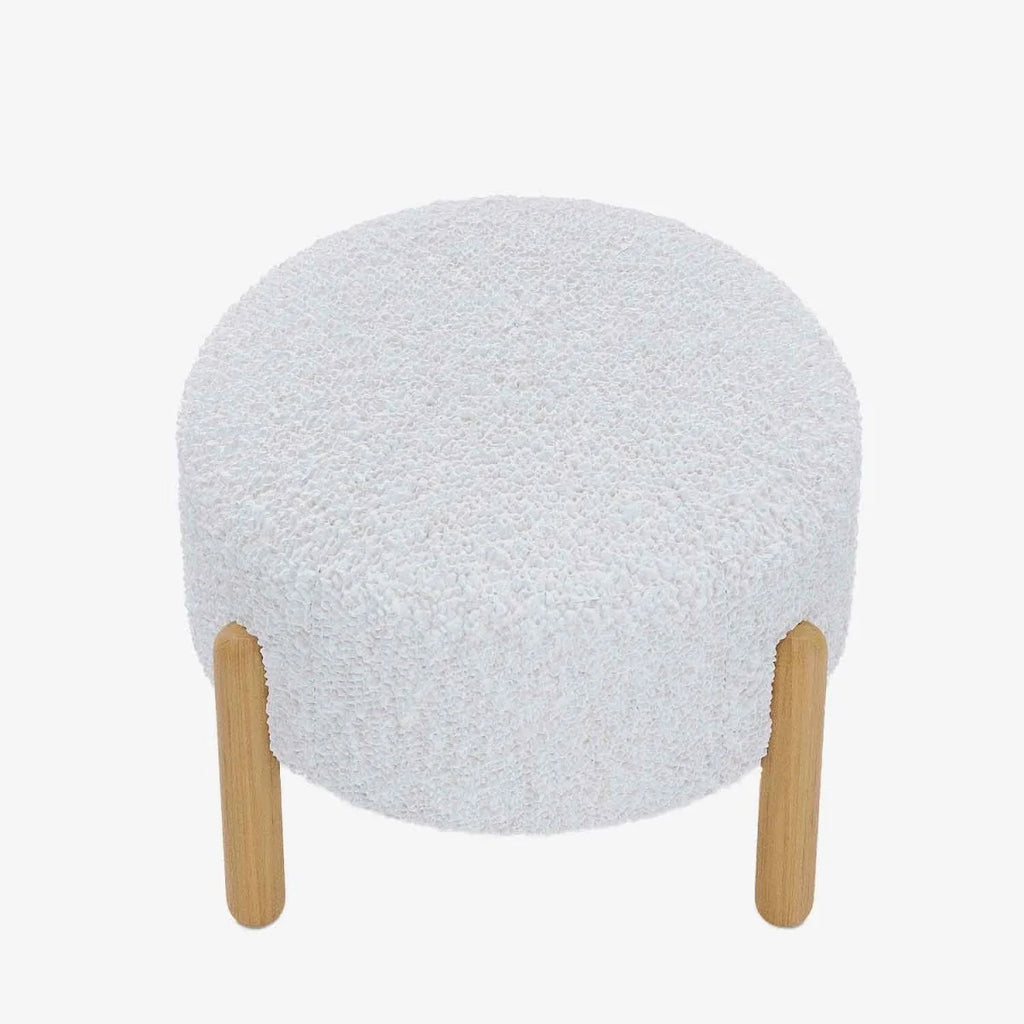 Pouf laine boucl e blanche & bois Cam lia