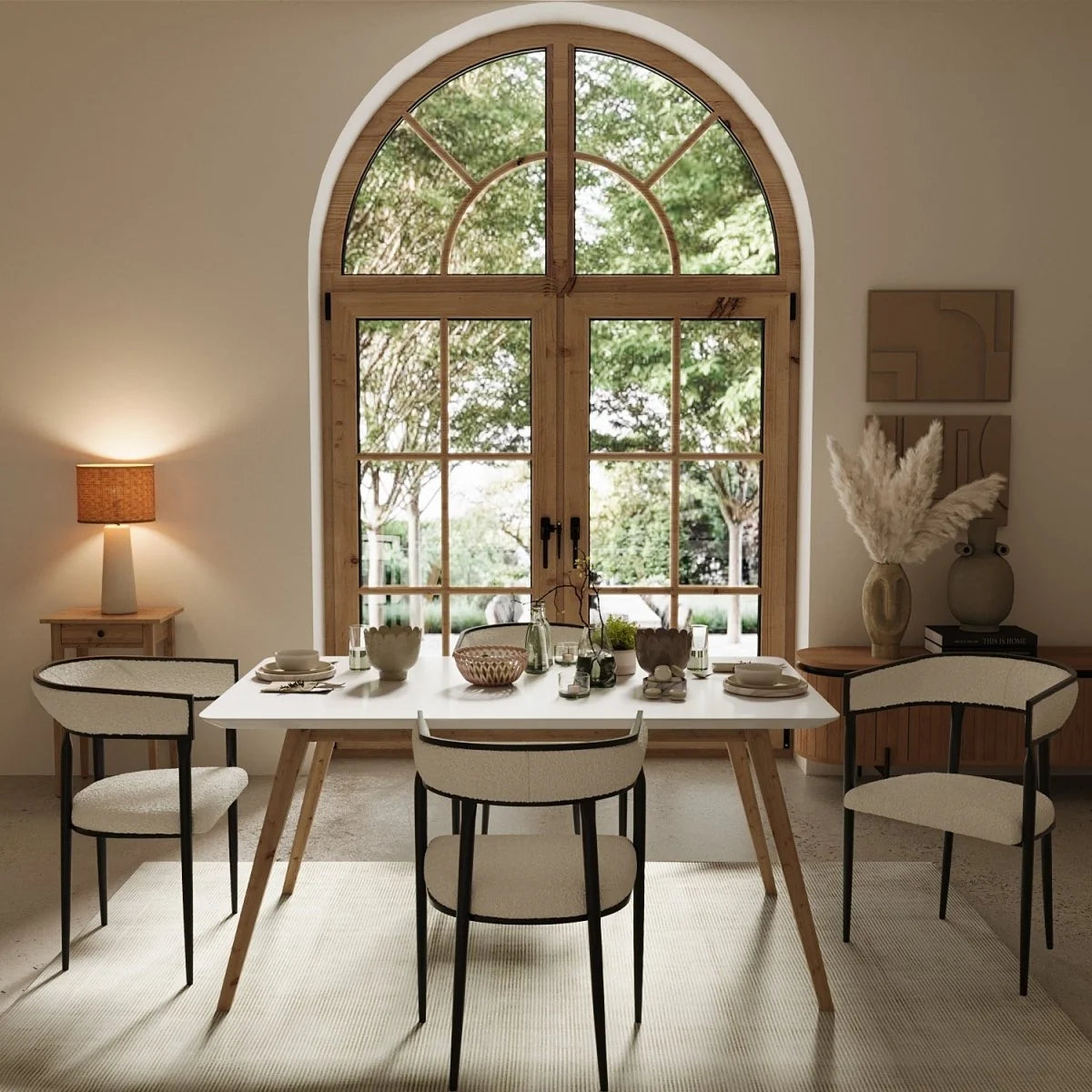 Chaise de salle   manger design dossier arrondi bouclette blanche Aurore