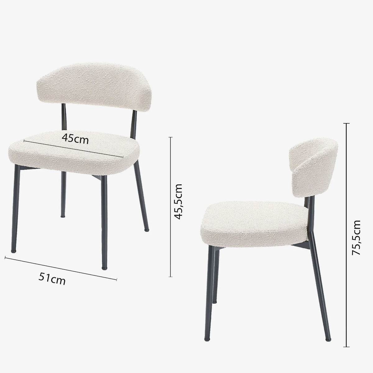 Lot de 2 chaises de salle   manger en tissu bouclette blanche & m tal noir Mona