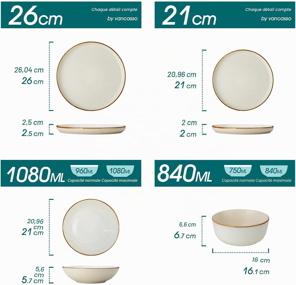 RENO Assittes 24-Piece Dinnerware Set for 6 People - 6 Flat Plates, 6 Desserts, 6 Soups, 6 Bowls - Microwave Safe - Matte Beige Enamel