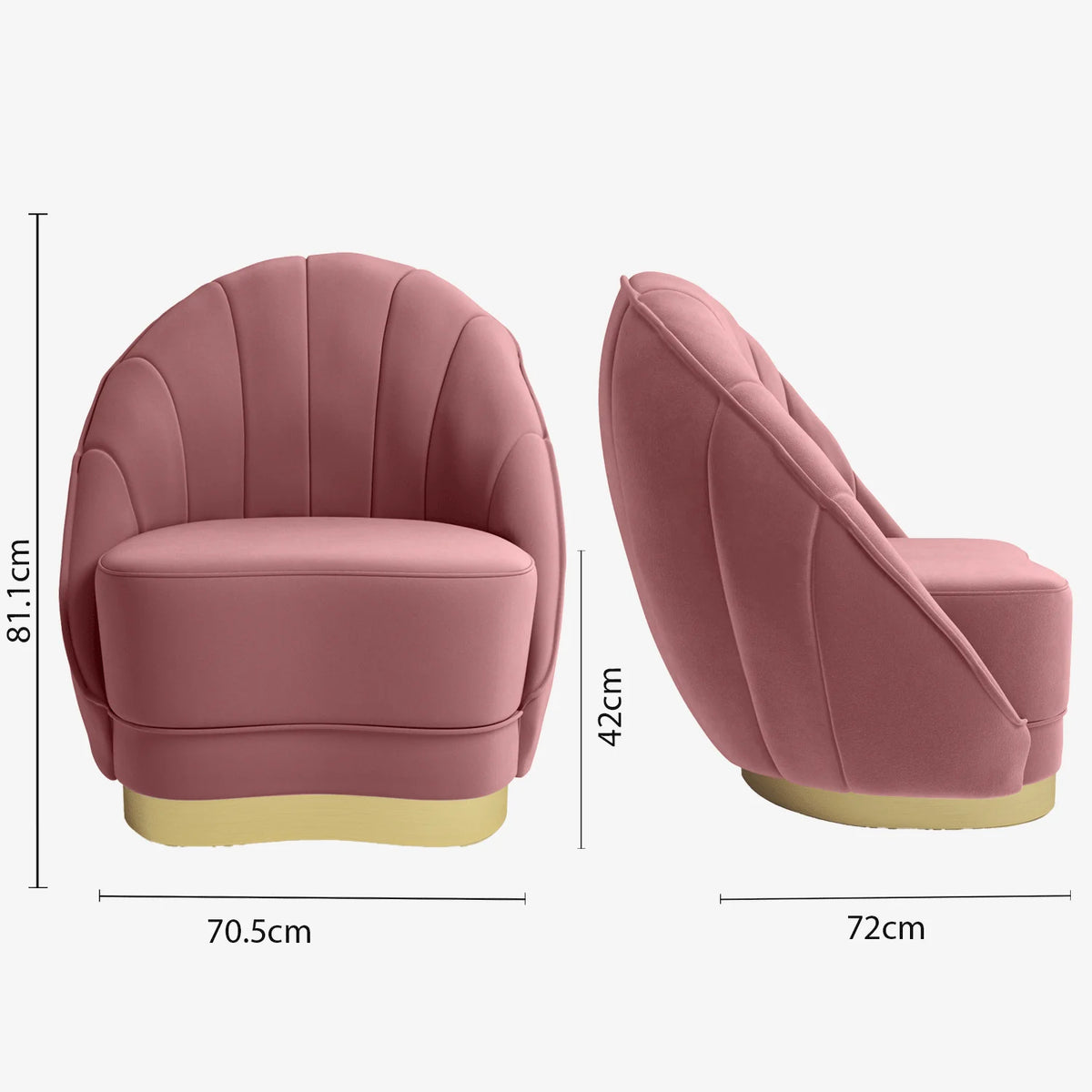 Fauteuil en velours rose vintage, base cerclage dor  effet laiton