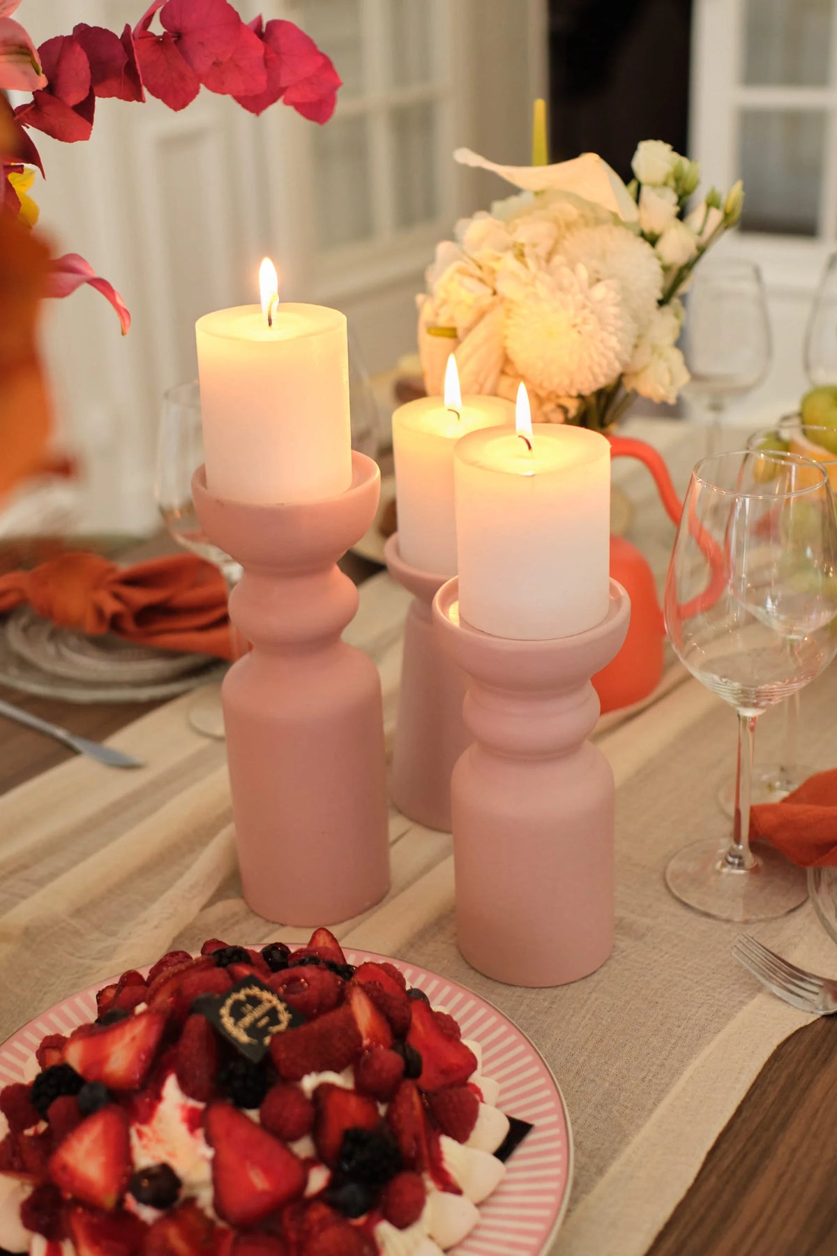 Set de 3 bougeoirs bois design, Boston coloris rose