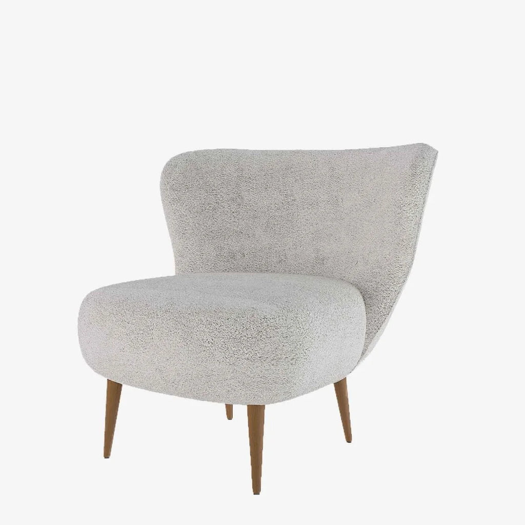 Fauteuil en tissu bouclette gris-cr me et bois