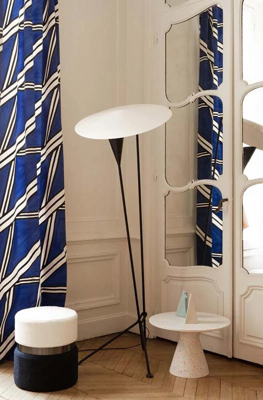 Pouf contemporain, bicolore bleu et métal noir