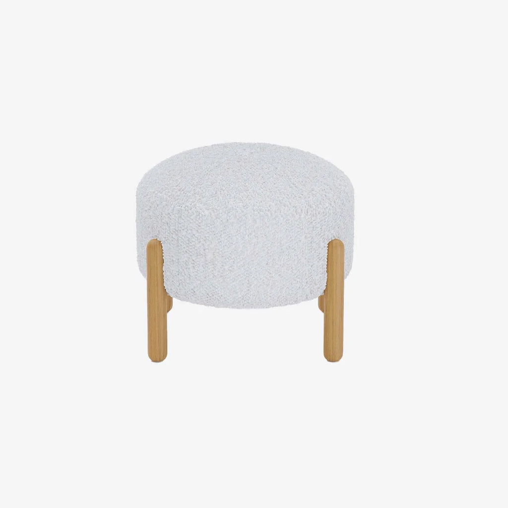 Pouf laine boucl e blanche & bois Cam lia