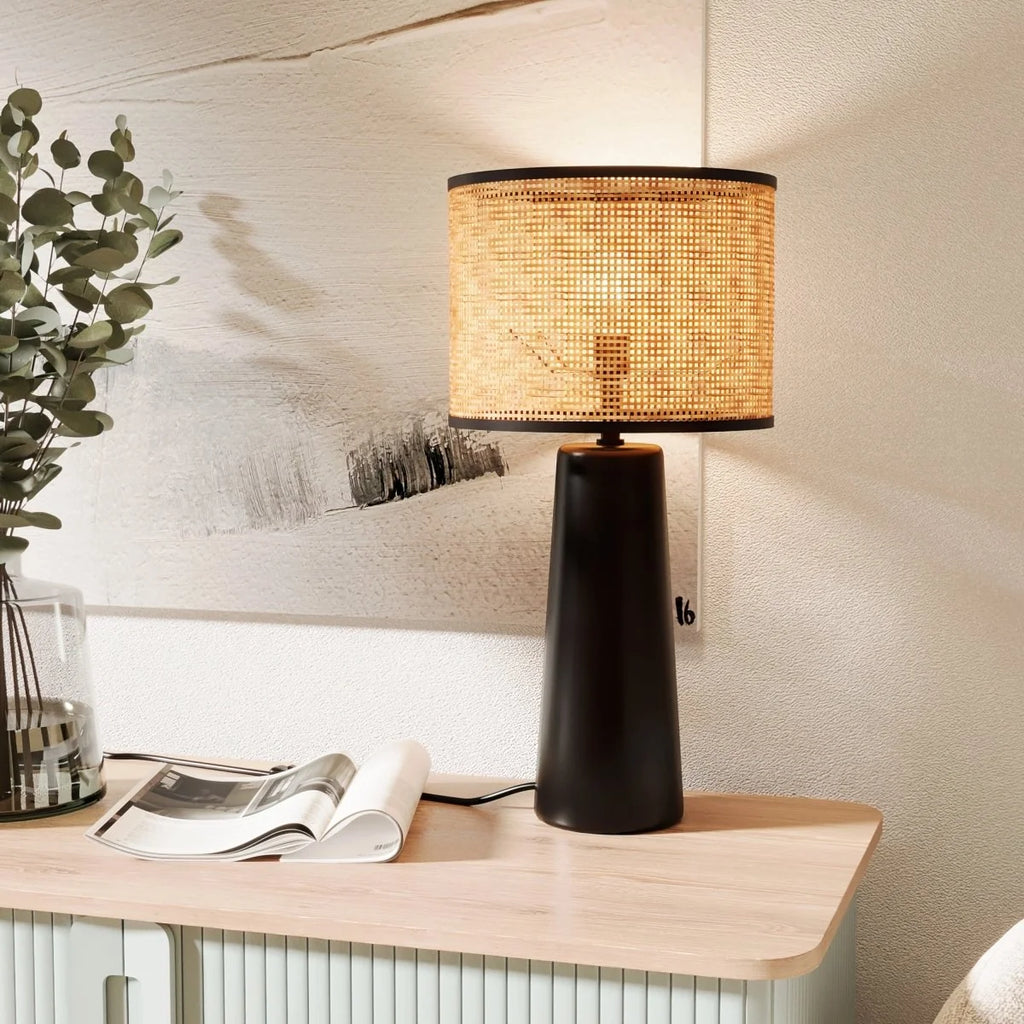 Lampe   poser en c ramique noire et rotin Van Gogh