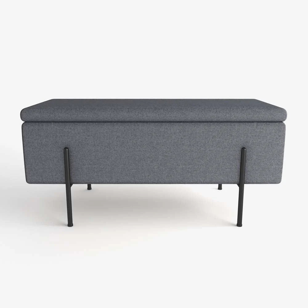 Banquette-coffre gris fonc  en bois, m tal et tissu