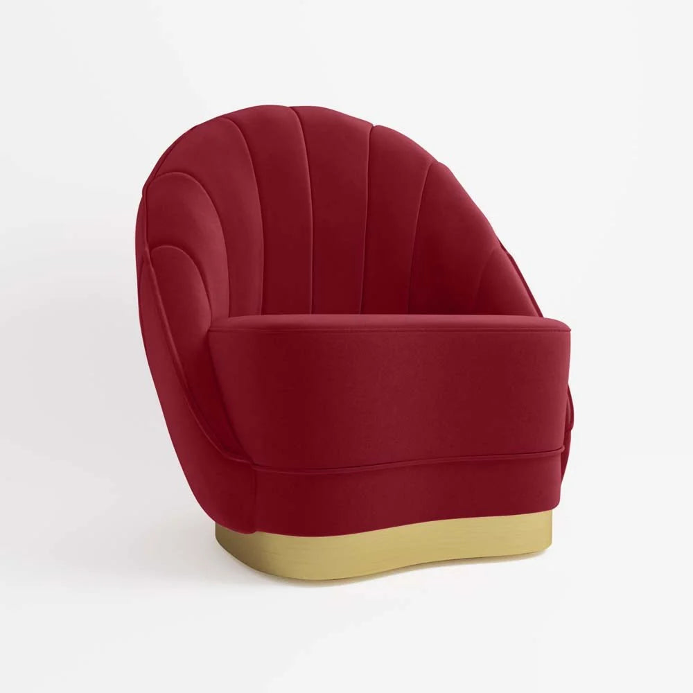 Fauteuil en velours bordeaux, base cerclage dor  effet laiton