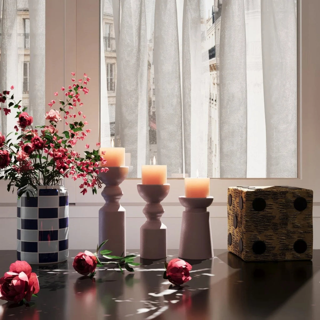 Set de 3 bougeoirs bois design, Boston coloris rose