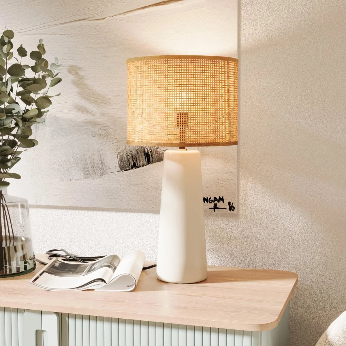 Lampe   poser en c ramique et rotin