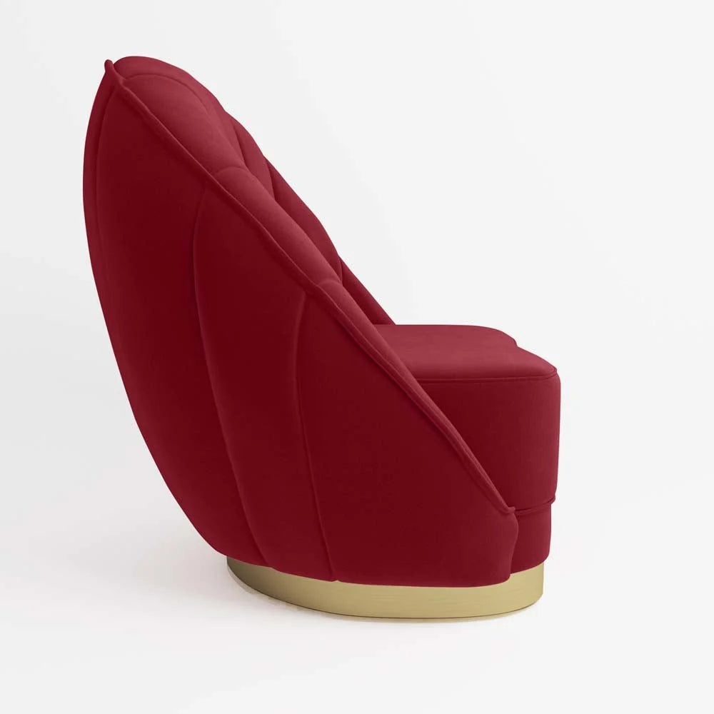 Fauteuil en velours bordeaux, base cerclage dor  effet laiton