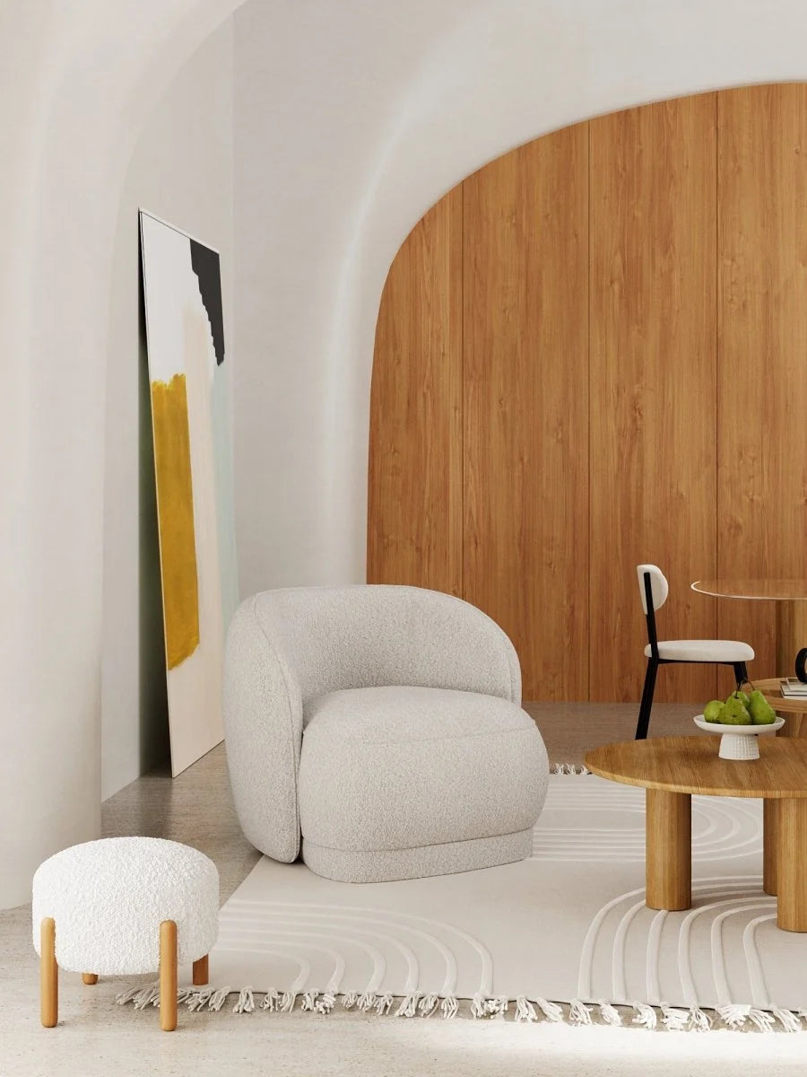 Pouf laine boucl e blanche & bois Cam lia
