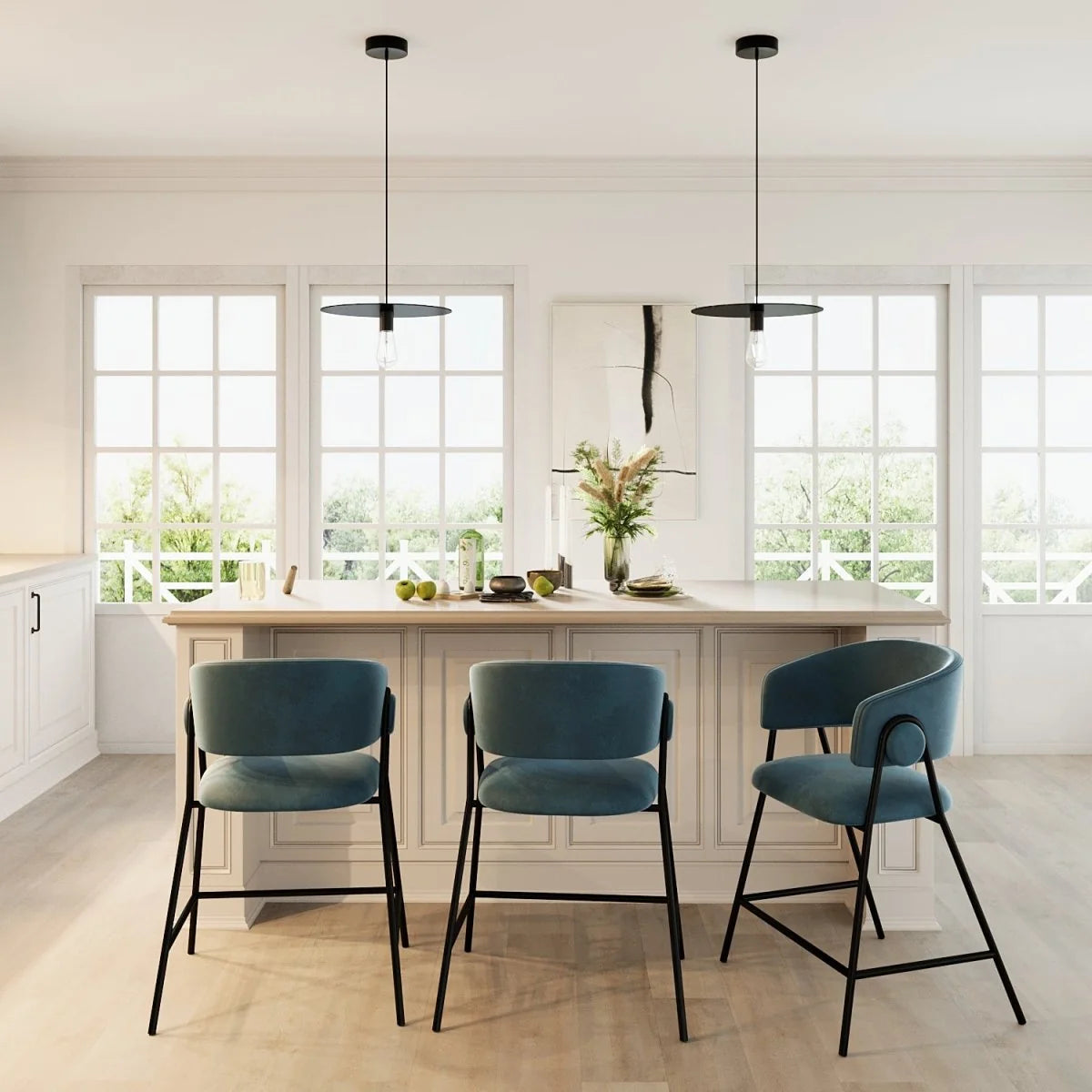 Lot de 2 tabourets de bar avec dossier, velours bleu Bonnie