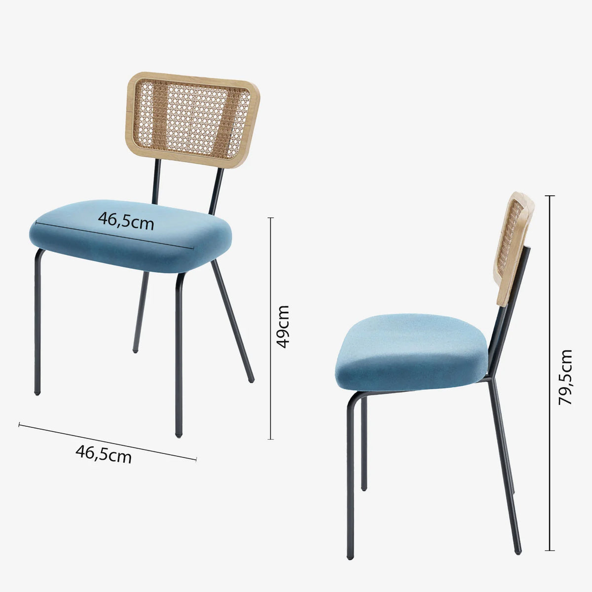 Lot de 2 chaises dossier rotin coussin velours bleu Sofia
