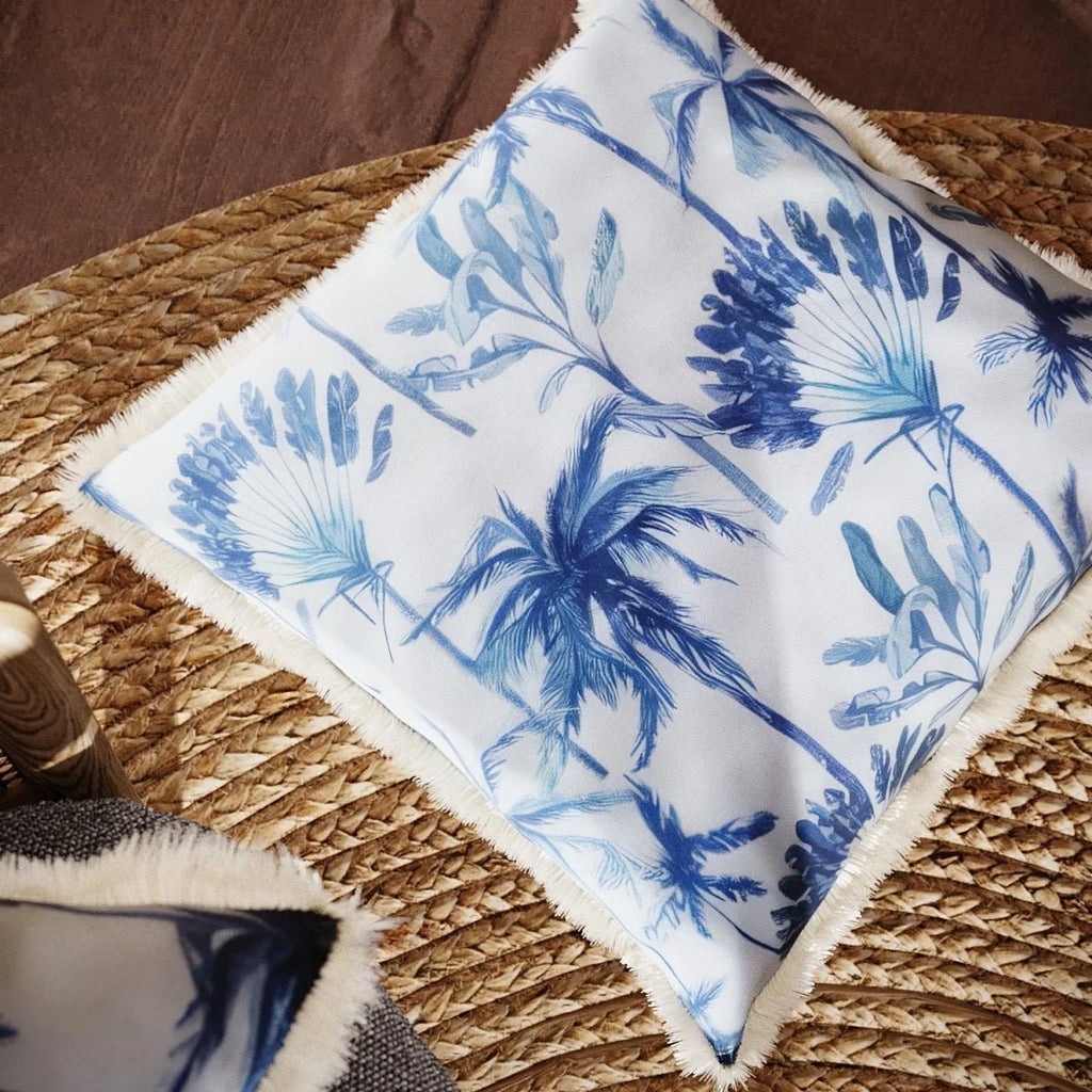 Coussin carr  feuillage tropical bleu Dakar