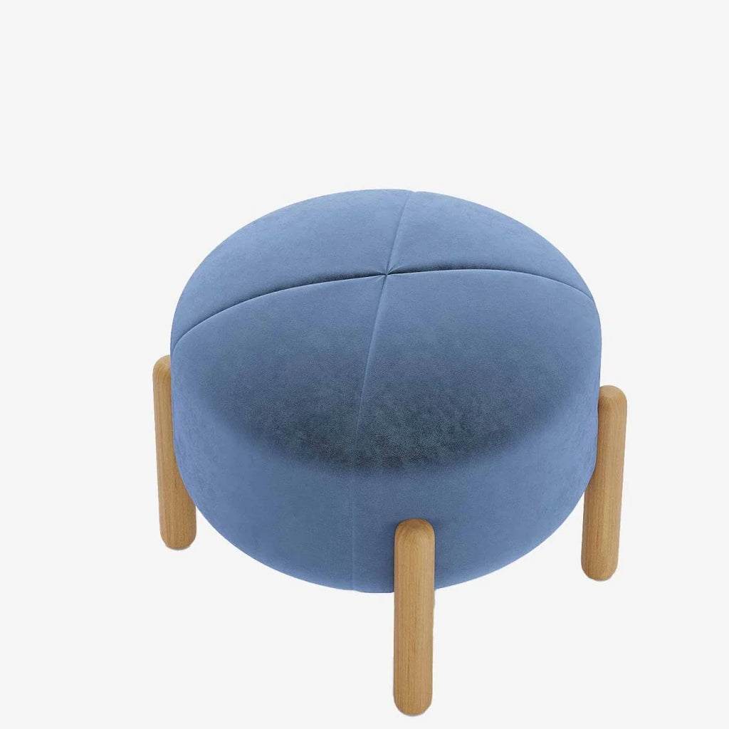 Pouf rond en velours bleu marine & bois