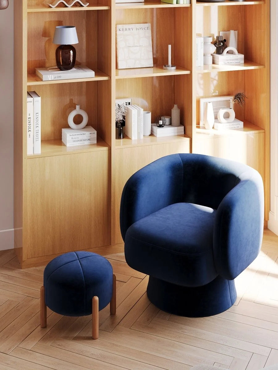 Pouf rond en velours bleu marine & bois
