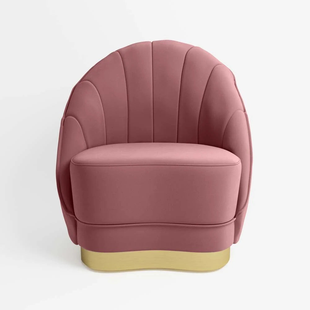 Fauteuil en velours rose vintage, base cerclage dor  effet laiton