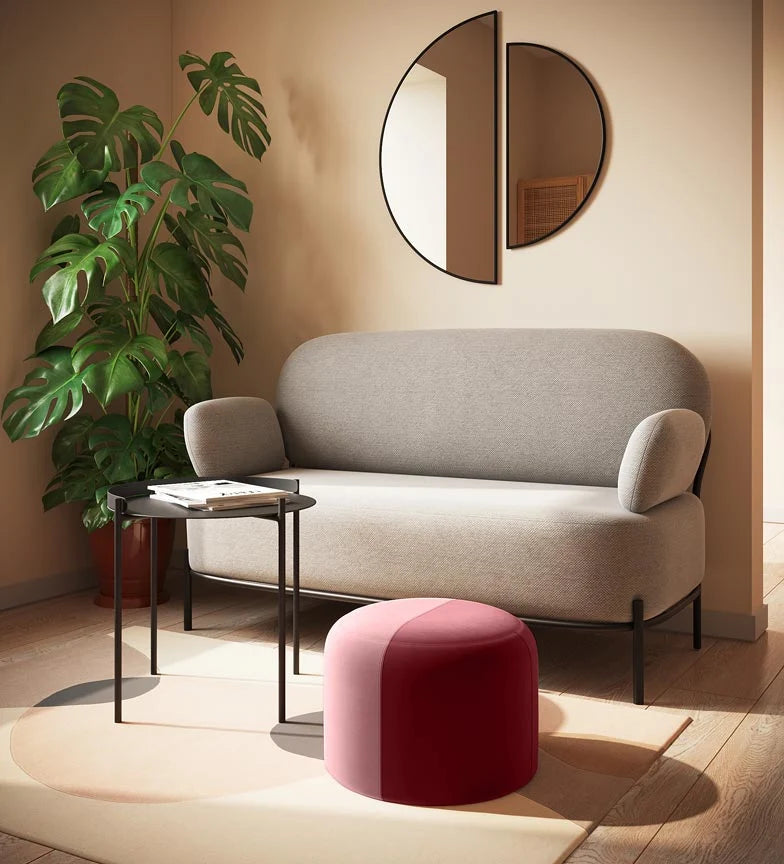 Pouf rond en velours bicolore rouge