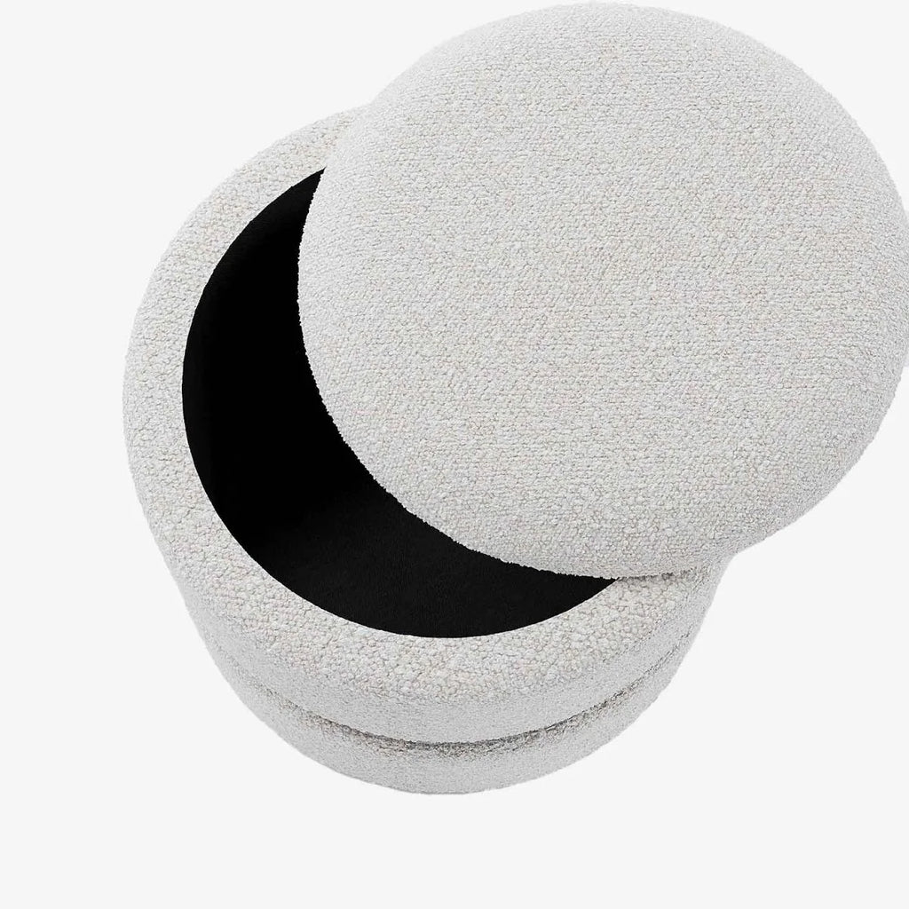 Pouf rond bouclette & métal argenté avec rangement